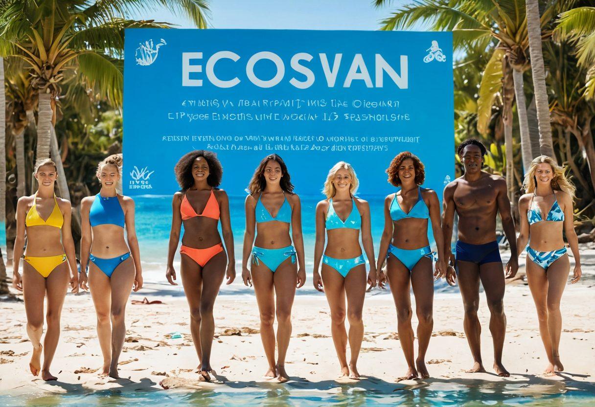 A vibrant beach scene showcasing a diverse group of stylish swimmers wearing eco-friendly swimwear, with clear blue waters and palm trees in the background. Alongside, feature educational signs about ocean conservation and sustainable fashion choices. Sunlight glistens on the water, creating a warm, inviting atmosphere that combines fashion with environmental awareness. Illustrate a harmonious blend of nature and style. vibrant colors. super-realistic.